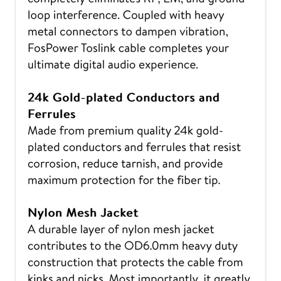 Premium Optical Digital S/PDIF Toslink Audio Cable 24K Gold Plated 6 ft - Picture 5 of 5